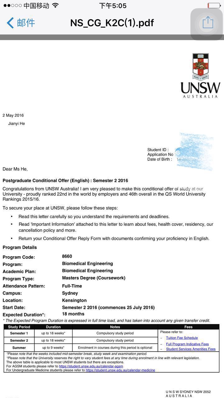 恭喜何簡(jiǎn)佚獲得澳大利亞新南威爾士大學(xué)生物技術(shù)碩士錄取通知書(shū)！
