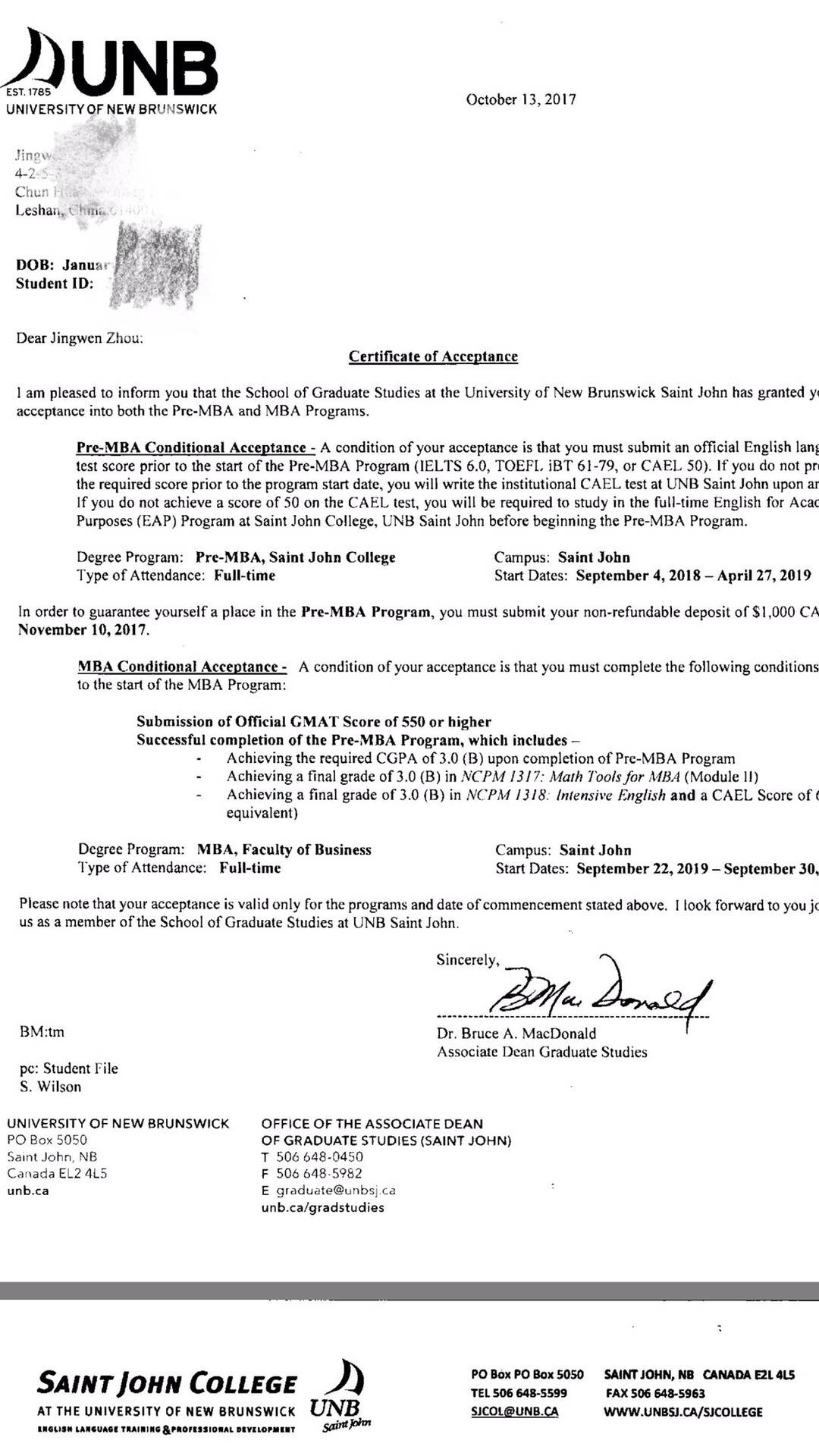 恭喜zhou jingwen轉專(zhuān)業(yè)獲得加拿大UNB大學(xué)研究生錄取通知書(shū)并順利獲得留學(xué)簽證！