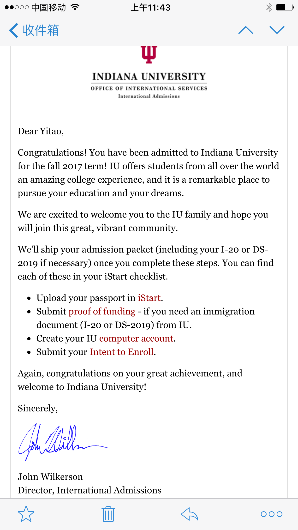 恭喜朱逸韜獲得印第安納伯明頓分校kelley商學(xué)院金融專(zhuān)業(yè)錄取通知書(shū)?。?！