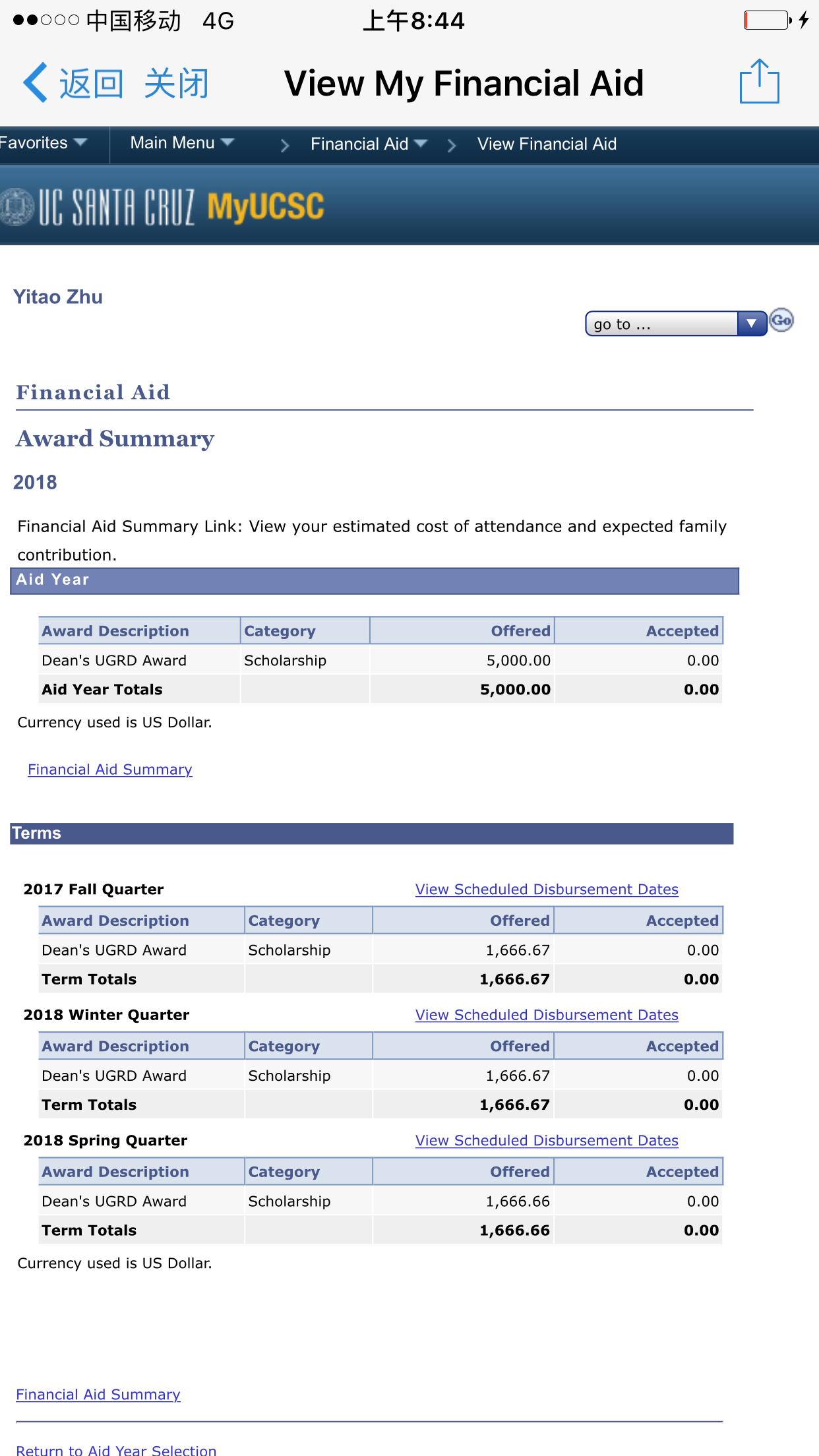 恭喜朱逸韜獲得加州大學(xué)圣克魯茲分校5000美元獎學(xué)金！