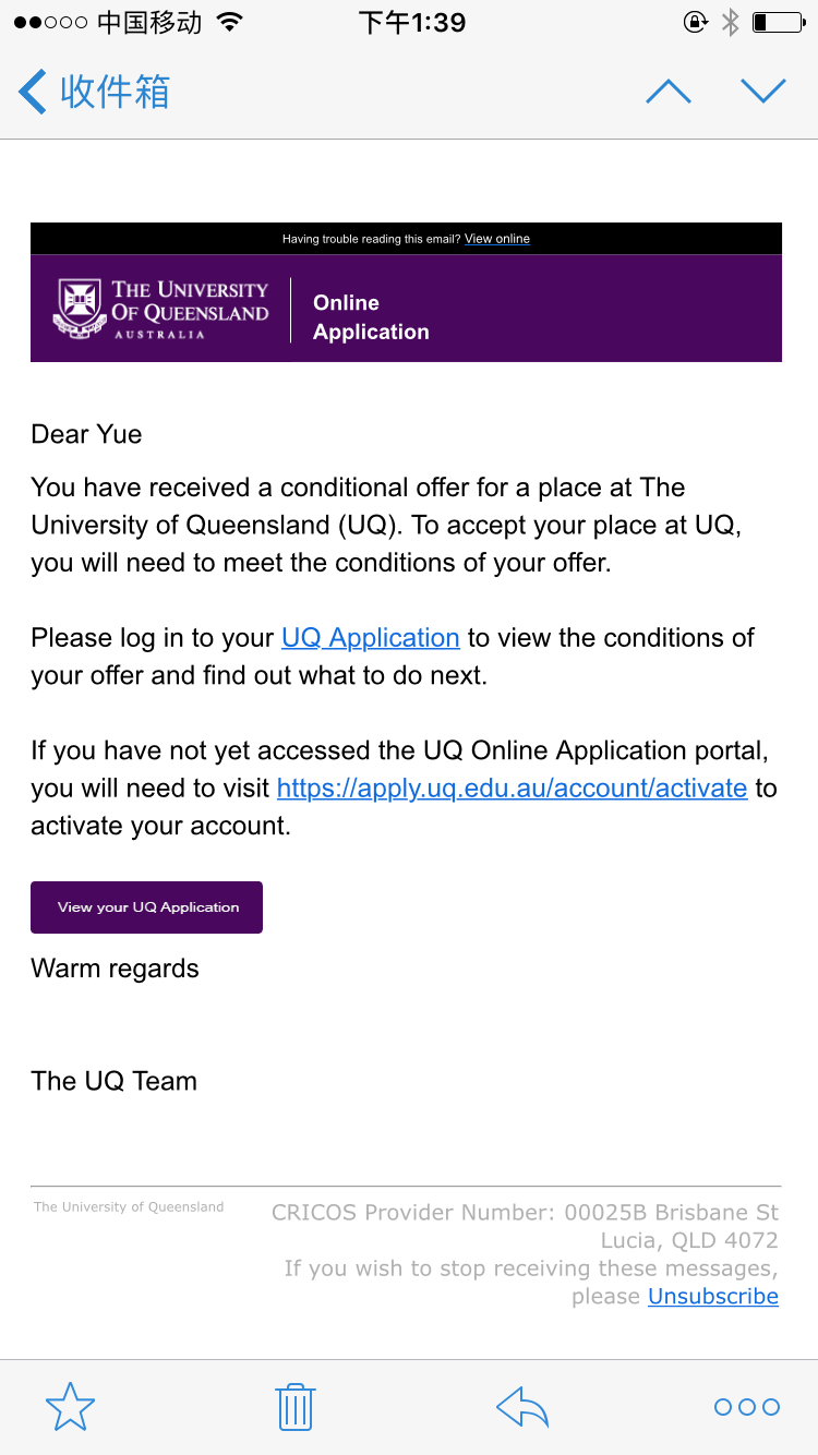恭喜朱越獲得澳大利亞昆士蘭大學(xué)金融碩士錄取通知書(shū)！