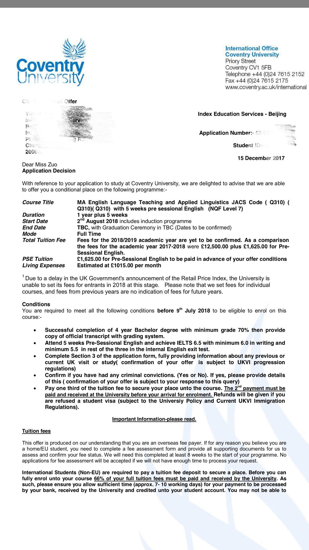 恭喜左同學(xué)獲得英國考文垂大學(xué)，英語(yǔ)教學(xué)與應用語(yǔ)言學(xué)碩士錄?。。?！