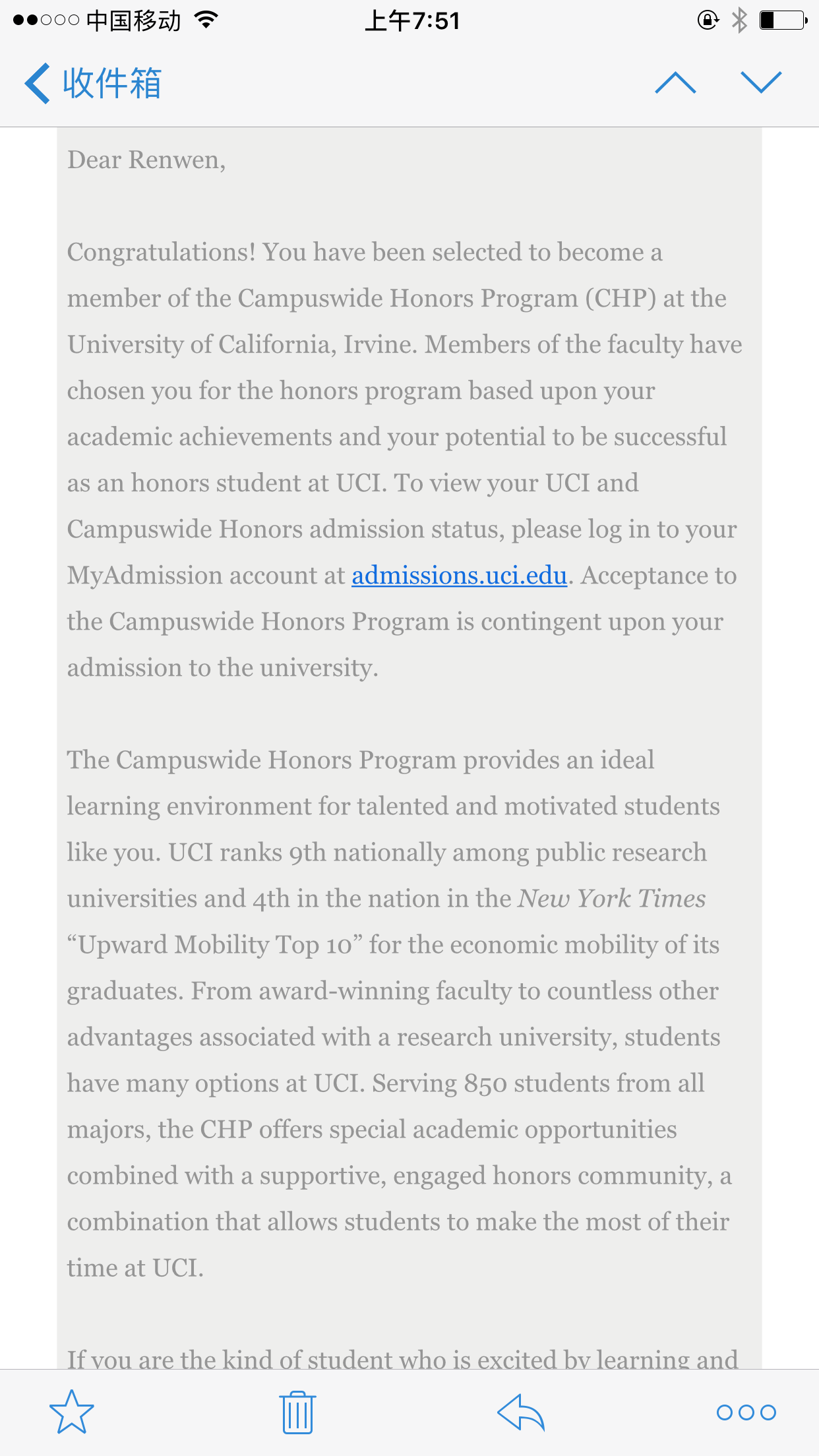 恭喜胡人文同學(xué)獲得美國綜合排名39位的加州大學(xué)歐文分校計算機專(zhuān)業(yè)錄取通知書(shū)，并有幸選入學(xué)霸云集的榮譽(yù)項目?。。?！