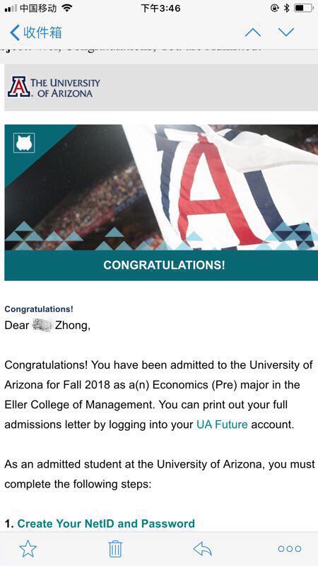 恭喜鐘同學(xué)獲得美國亞利桑那大學(xué)本科轉學(xué)錄取通知書(shū)?。?！