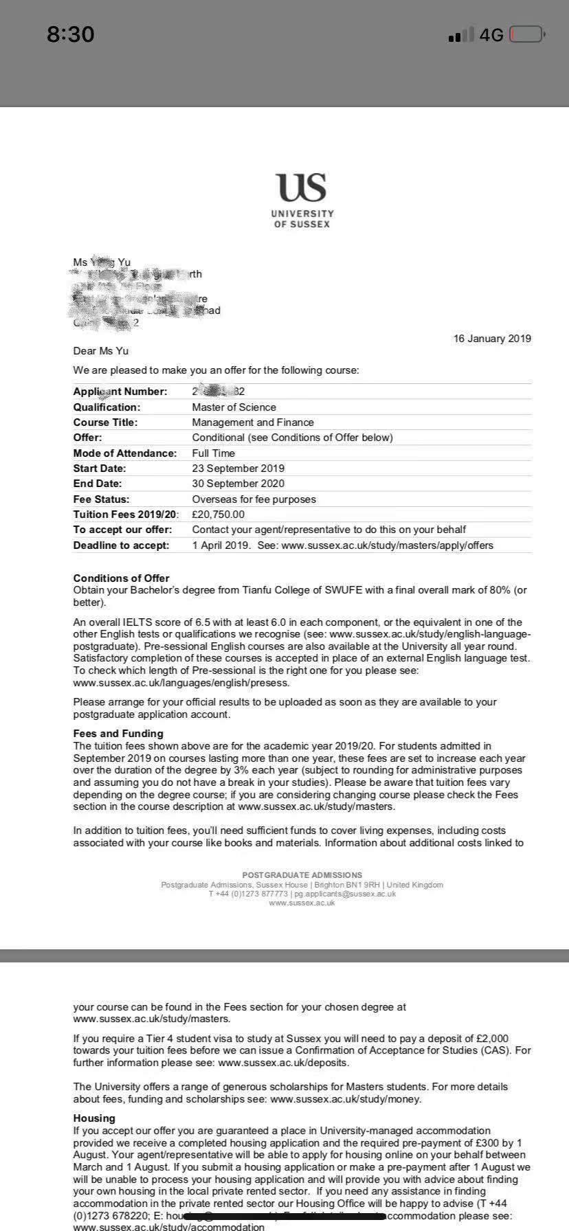 恭喜余同學(xué)獲得蘇塞克斯大學(xué)管理與金融碩士錄取通知書(shū)?。?！