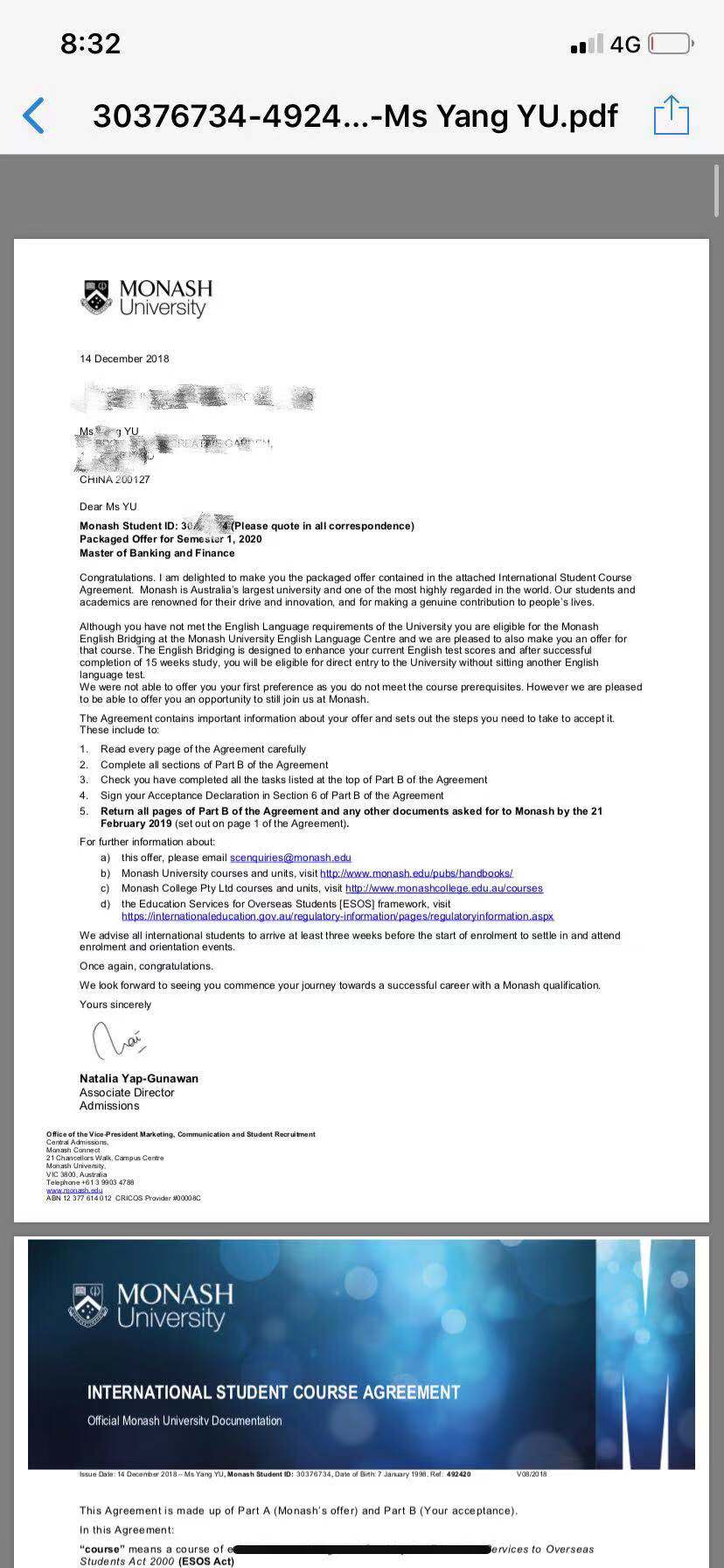 恭喜余同學(xué)獲得莫那什大學(xué)銀行與金融碩士錄取通知書(shū)?。?！