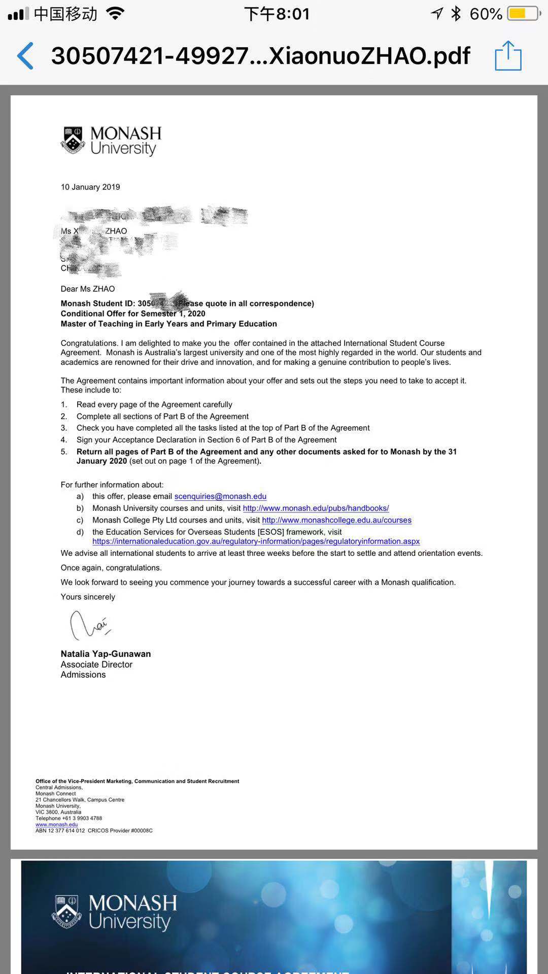 恭喜趙同學(xué)獲得澳大利亞莫那什大學(xué)幼兒與小學(xué)教育碩士錄取通知書(shū)?。?！