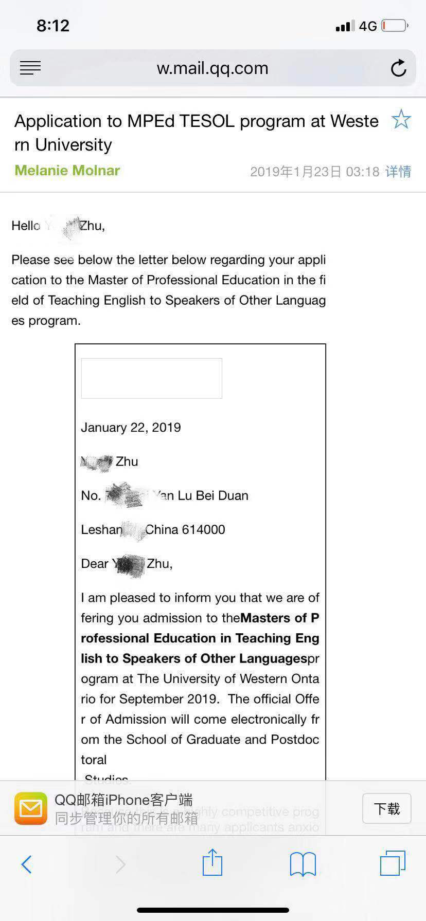恭喜朱同學(xué)獲得加拿大西安大略大學(xué)TESOL碩士研錄取通知書(shū)?。?！
