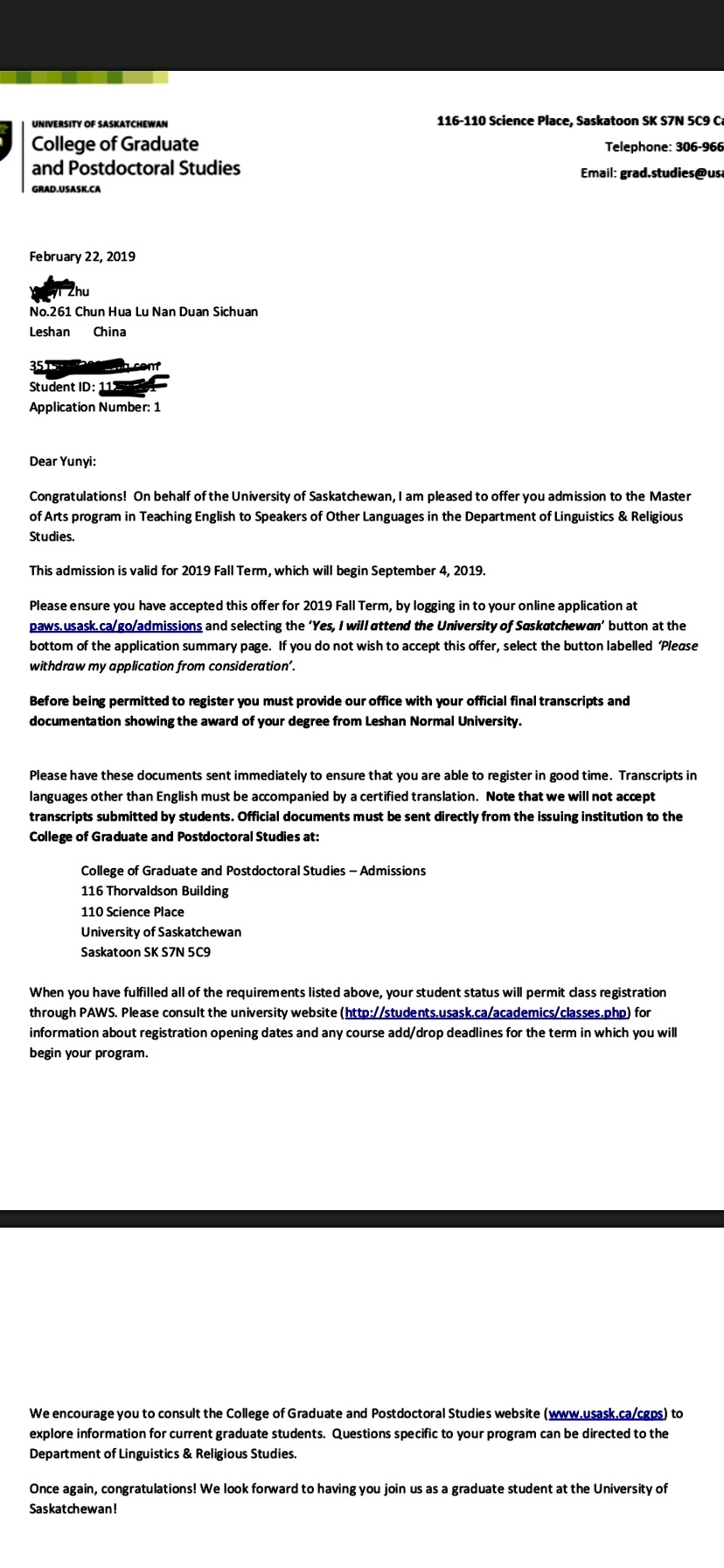 恭喜朱同學(xué)獲得加拿大薩省大學(xué)碩士錄取通知書(shū)?。?！