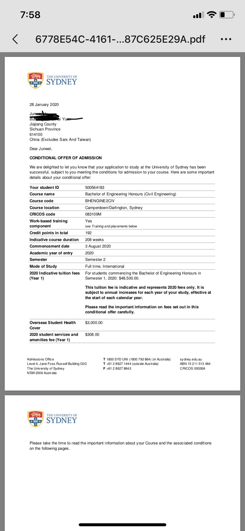 恭喜胡JW同學(xué)獲得澳大利亞悉尼大學(xué)和新南威爾士大學(xué)土木工程直錄通知書(shū)?。?！