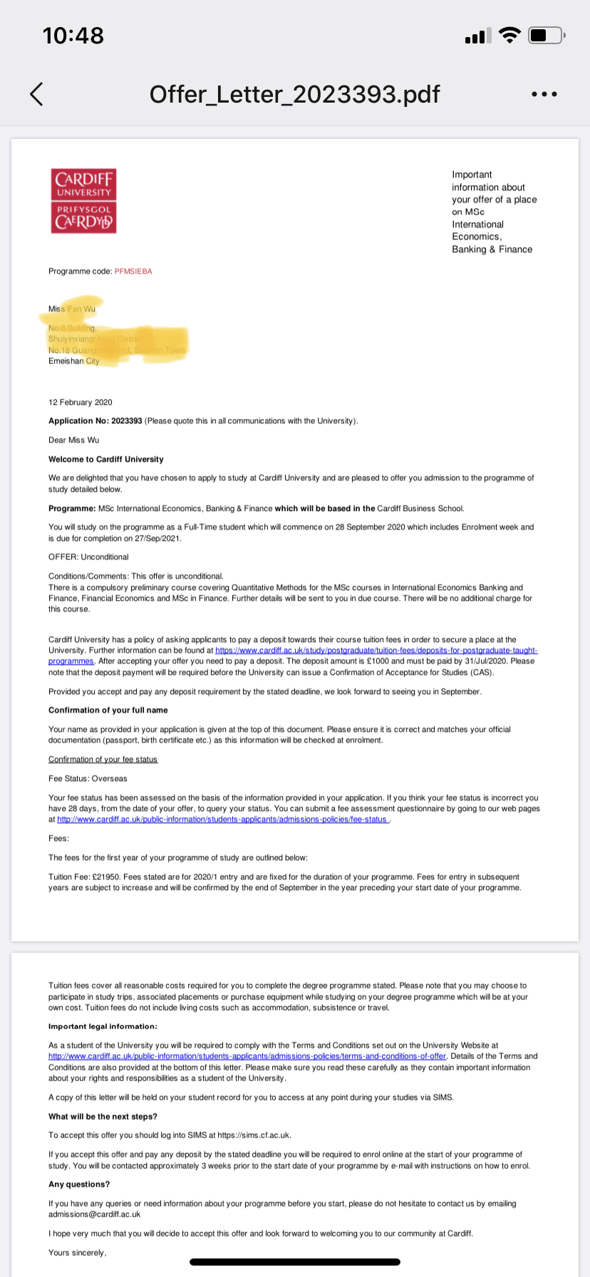 恭喜峨眉校區吳凡同學(xué)獲得卡迪夫大學(xué)，香港浸會(huì )大學(xué)金融碩士錄取通知書(shū)?。?！