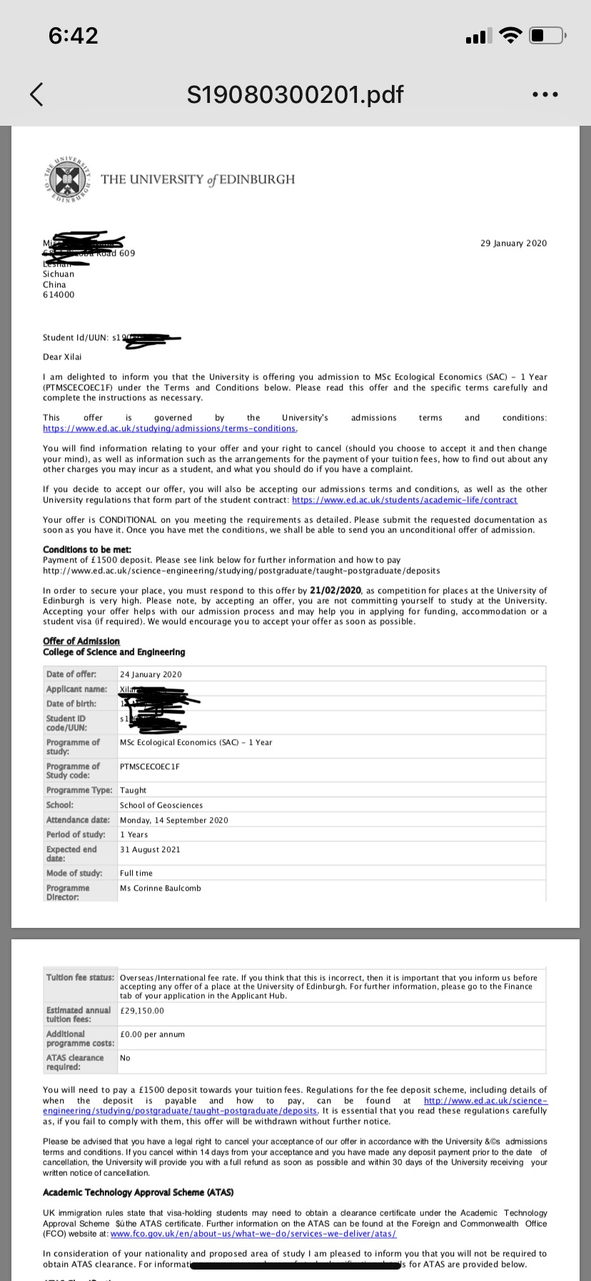 恭喜歐陽(yáng)同學(xué)獲得愛(ài)丁堡大學(xué)生態(tài)經(jīng)濟學(xué)碩士錄取通知書(shū)?。?！