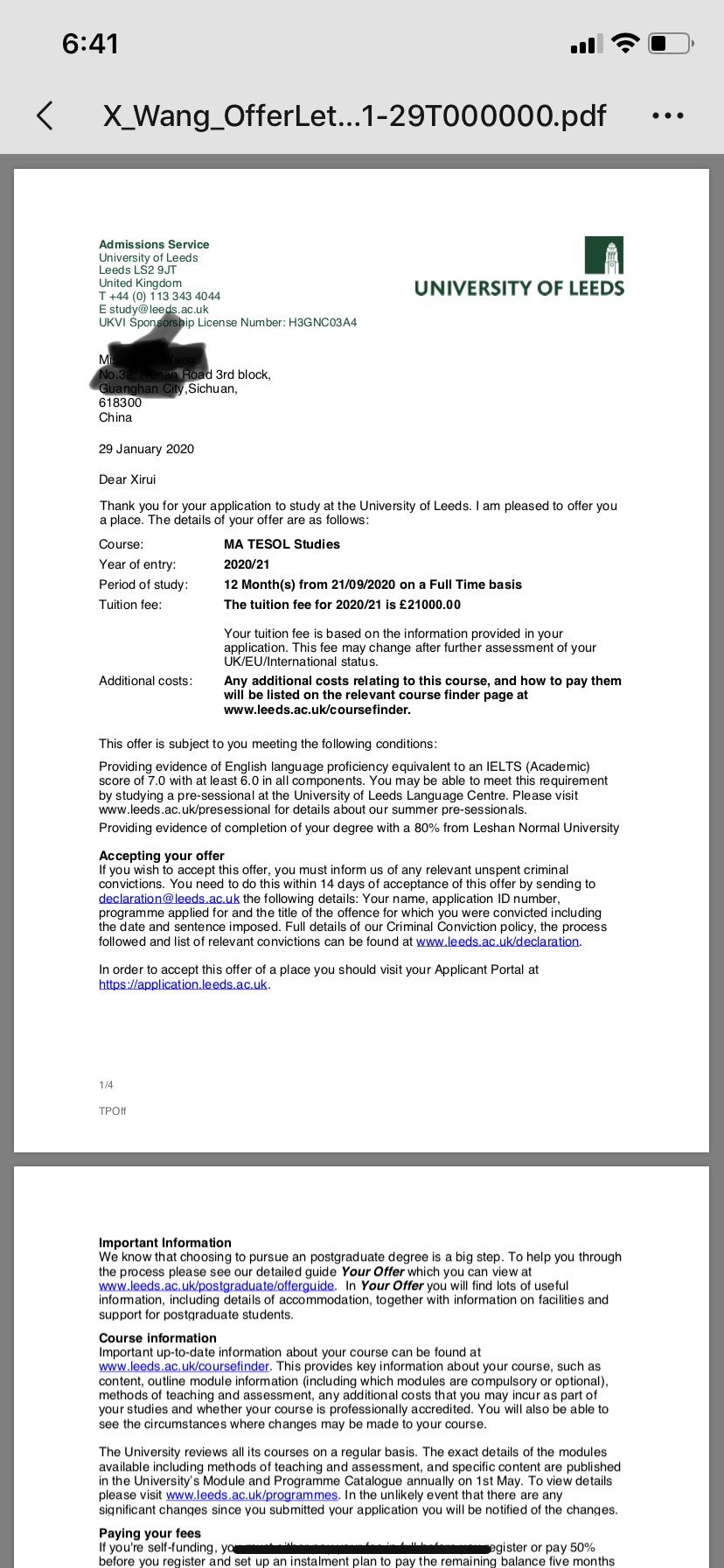 恭喜王同學(xué)獲得英國利茲大學(xué)TESOL和香港城市大學(xué)英語(yǔ)研究碩士錄取通知書(shū)?。?！