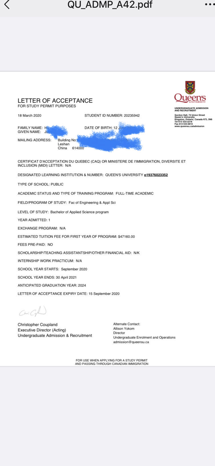 恭喜胡同學(xué)獲得加拿大女王大學(xué)工程專(zhuān)業(yè)錄取通知書(shū)，并獲得1500加元入學(xué)獎學(xué)金?。?！西安大略大學(xué)錄取通知書(shū)?。?！