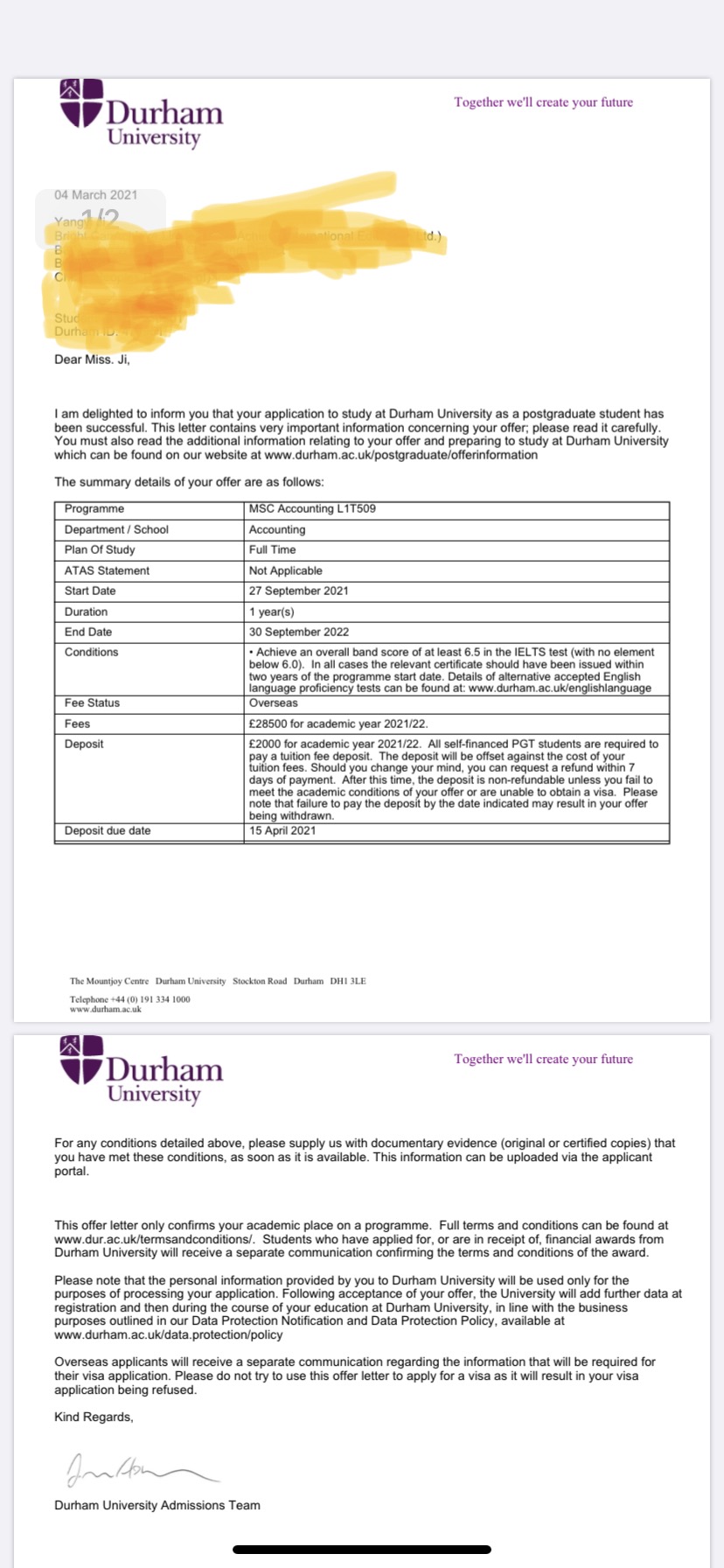 恭喜季同學(xué)獲得杜倫大學(xué)商學(xué)院會(huì )計碩士錄取通知書(shū)！