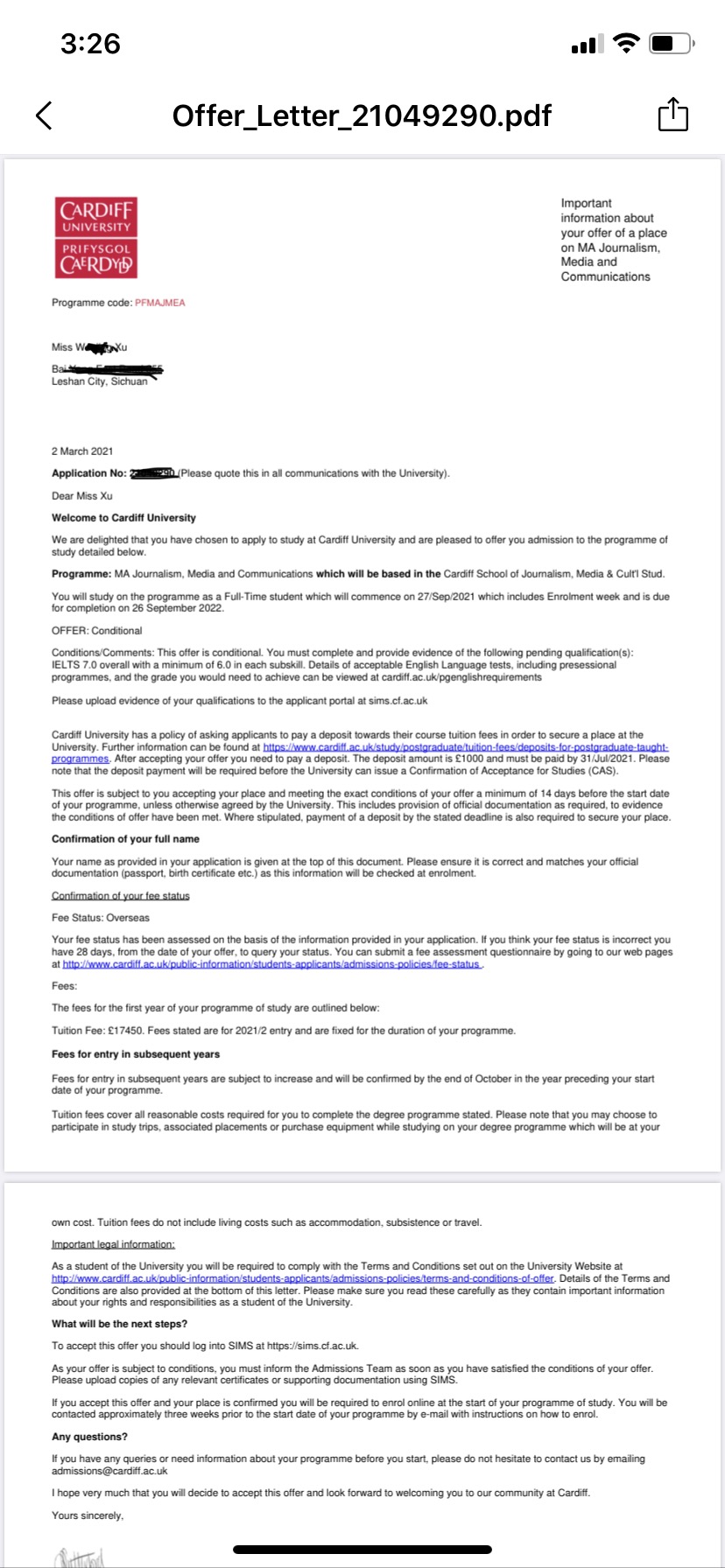 恭喜徐同學(xué)獲得英國卡迪夫大學(xué)新聞傳媒碩士專(zhuān)業(yè)錄取通知書(shū)！